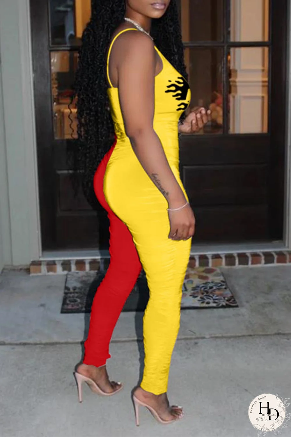 Yellow Purple Fashion Sexy Letter Print Split Joint Backless Fold O Neck Skinny Jumpsuits