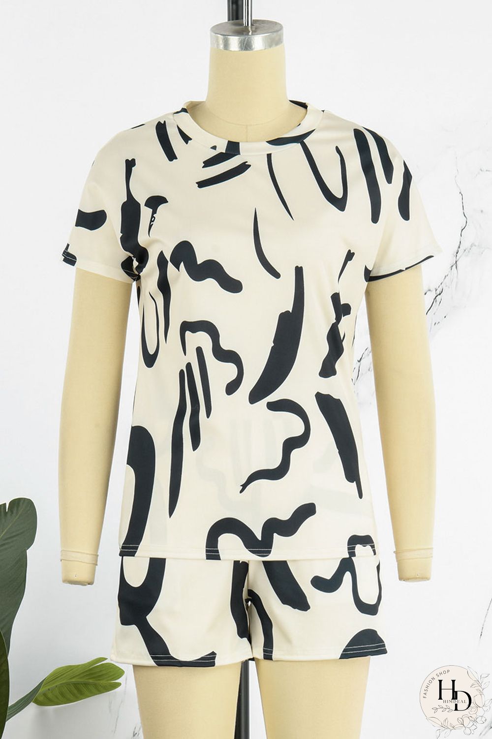 Grey Black Casual Print Patchwork O Neck Short Sleeve Two Pieces