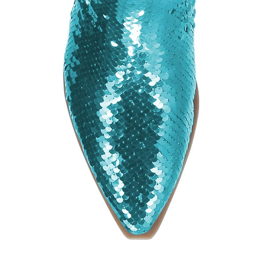 Sparkly Teal Snip Toe Chunky Heel Side Zipper Sequin Cowboy Boots