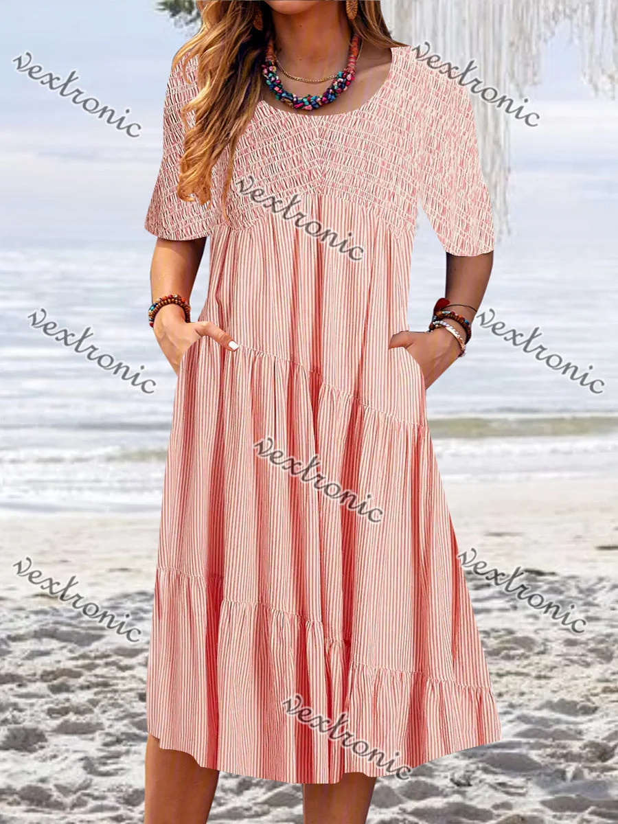 Women Short Sleeve Scoop Neck Striped Stitching Pockets Midi Dress