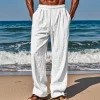 Men's Linen Plain Comfort Breathable Full Length Casual Pants by Inlyline