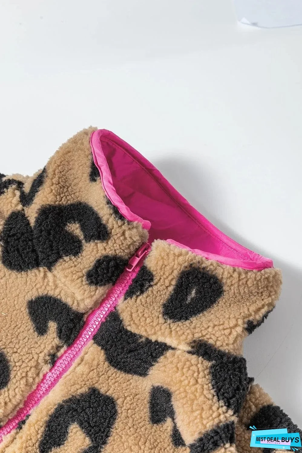 Leopard Colorblock Pocket Zipper Fuzzy Fleece Jacket