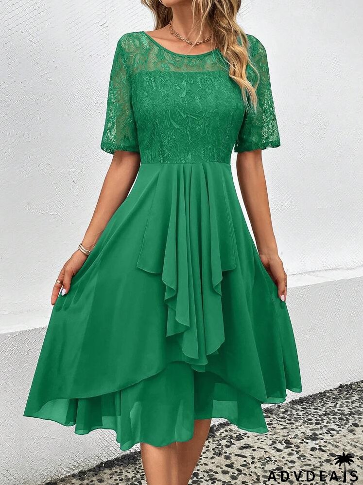 Contrast Lace Ruffle Trim Lace Bodice Dress