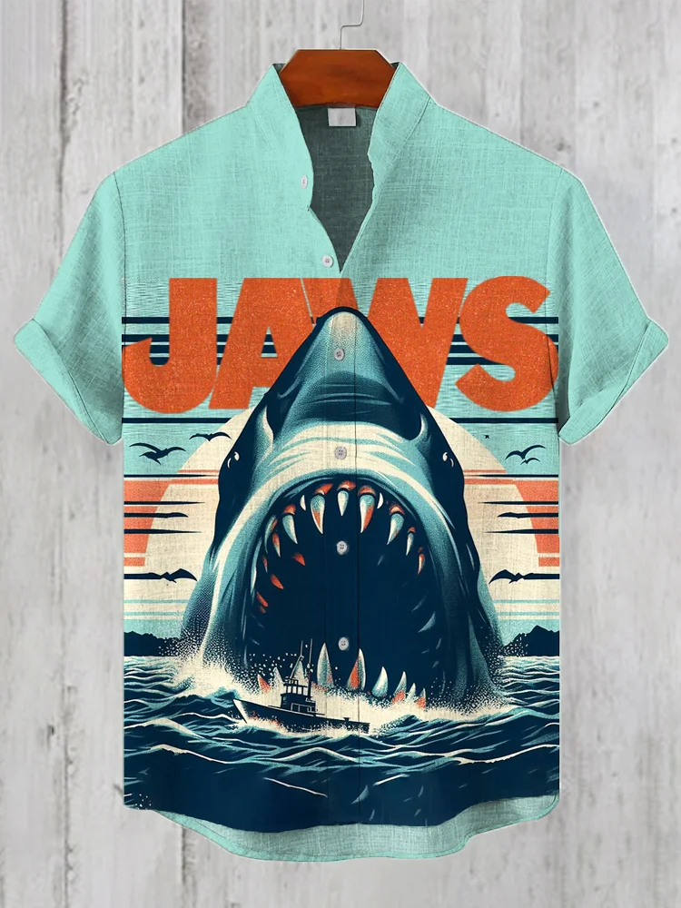 Jaws Shark Pattern Men's Linen Shirt