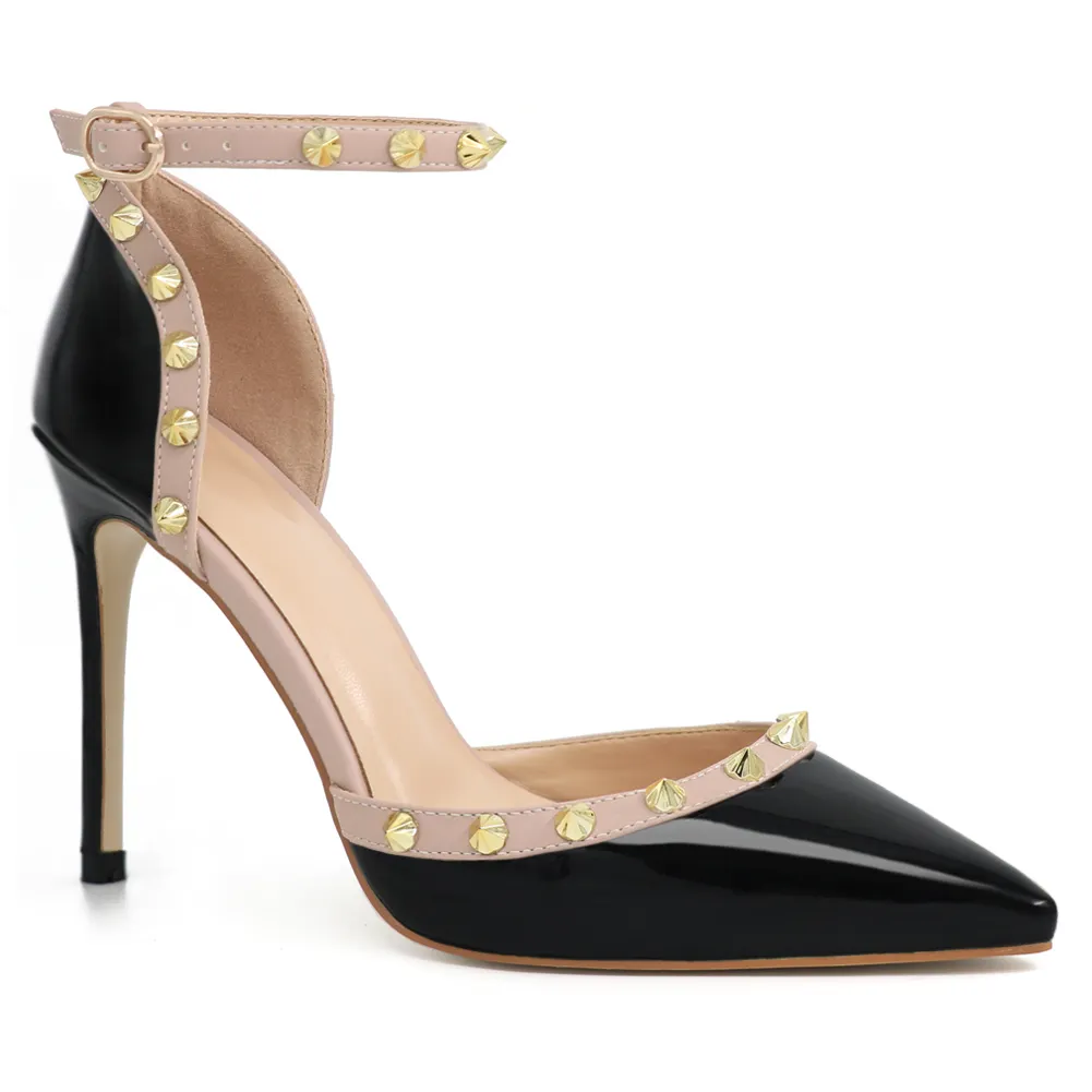 100mm Womens Pointed Toe Pumps Golden Point Rivets Ankle Strap Sandals-vocosishoes
