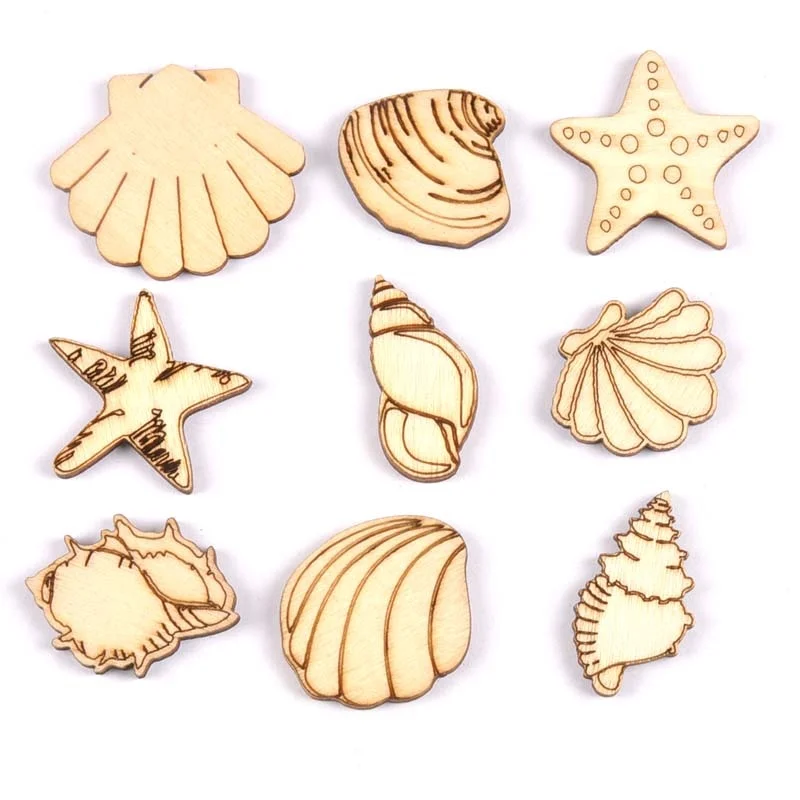 20pcs 25-35mm Seashell/starfish Pattern Natural Wood DIY Crafts Home Decor Scrapbooking Unfinished Wooden Ornaments m1935