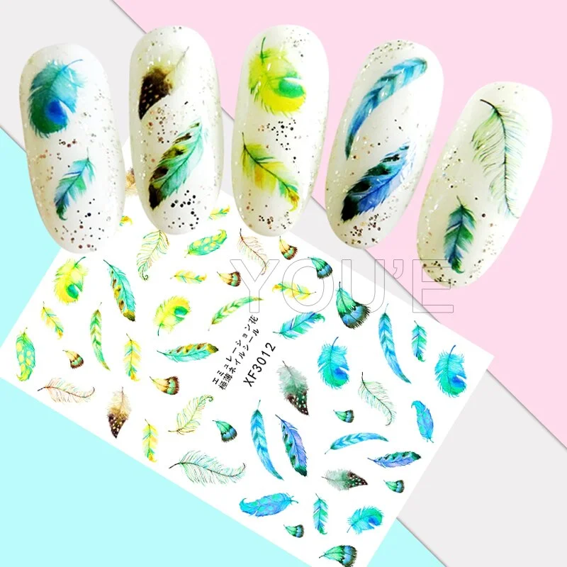 Beautiful Feather Nail Sticker Design Decals Nail Art Manicure Sticker Back Glue Adhesive Decoration Sticker for Nails Charm