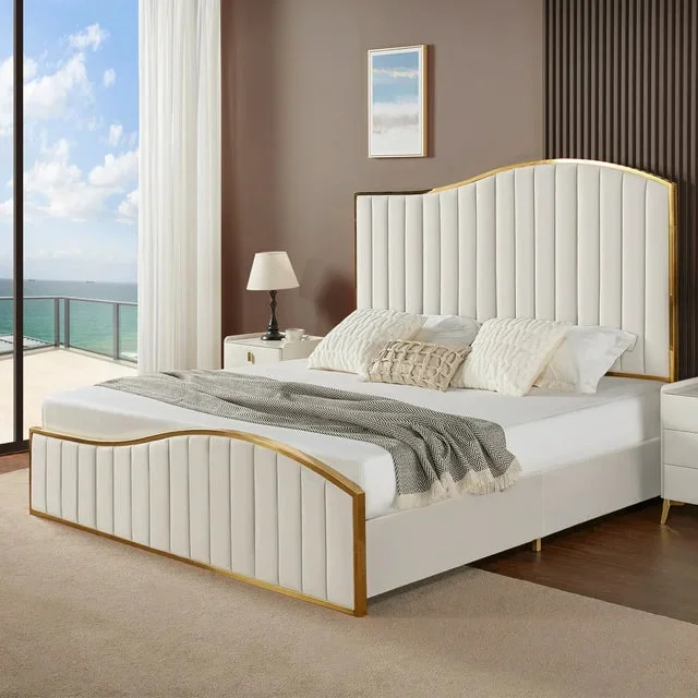 HOWE King Size Platform Bed Frame 61.4" Velvet Upholstered Bed with Golden Plating Trim Wavy Headboard ＆ Footboard No Box Spring Needed Noise Free Cream