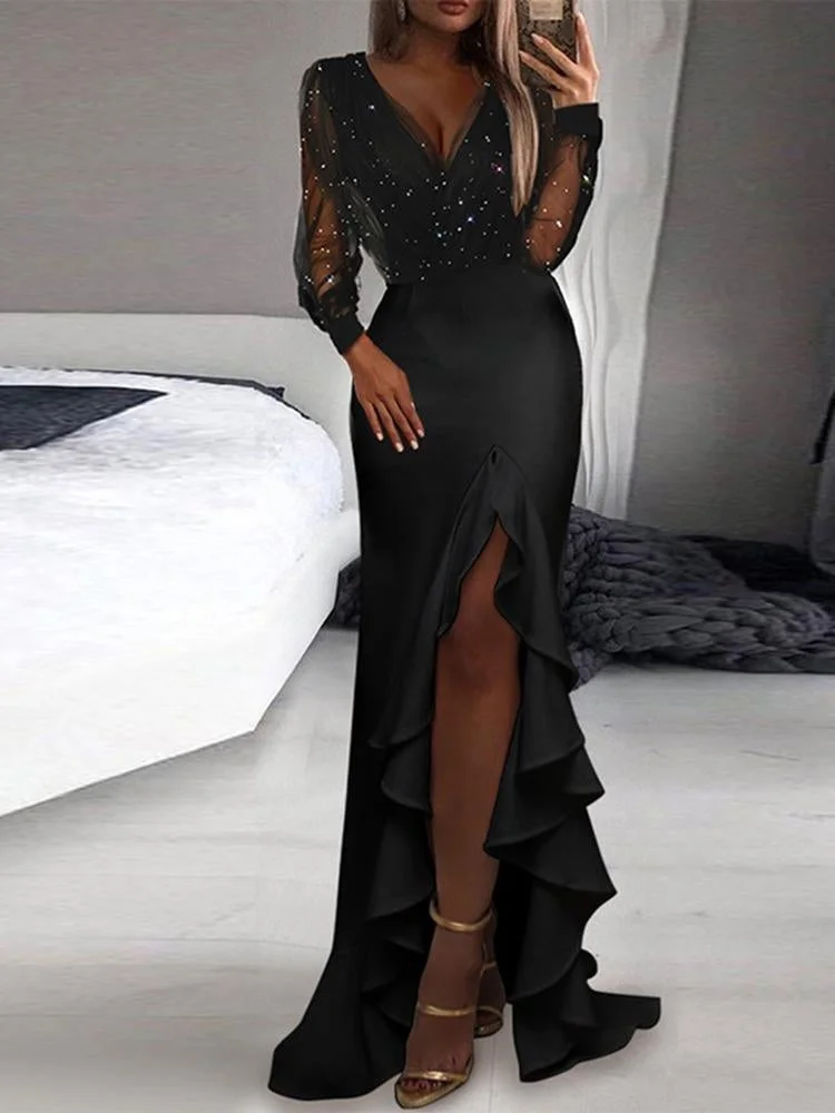 Promsstyle Promsstyle Shiny rhinestone deep v neck ruffle hem slit dress Prom Dress 2023