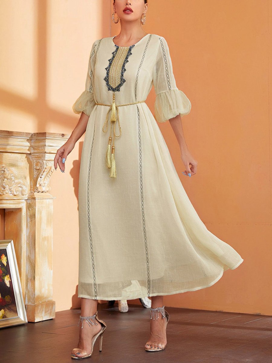 Puff Sleeves Tassel Strap Perspective Mesh Round Neck Dress | Oxredo Shop Ramadan Sale