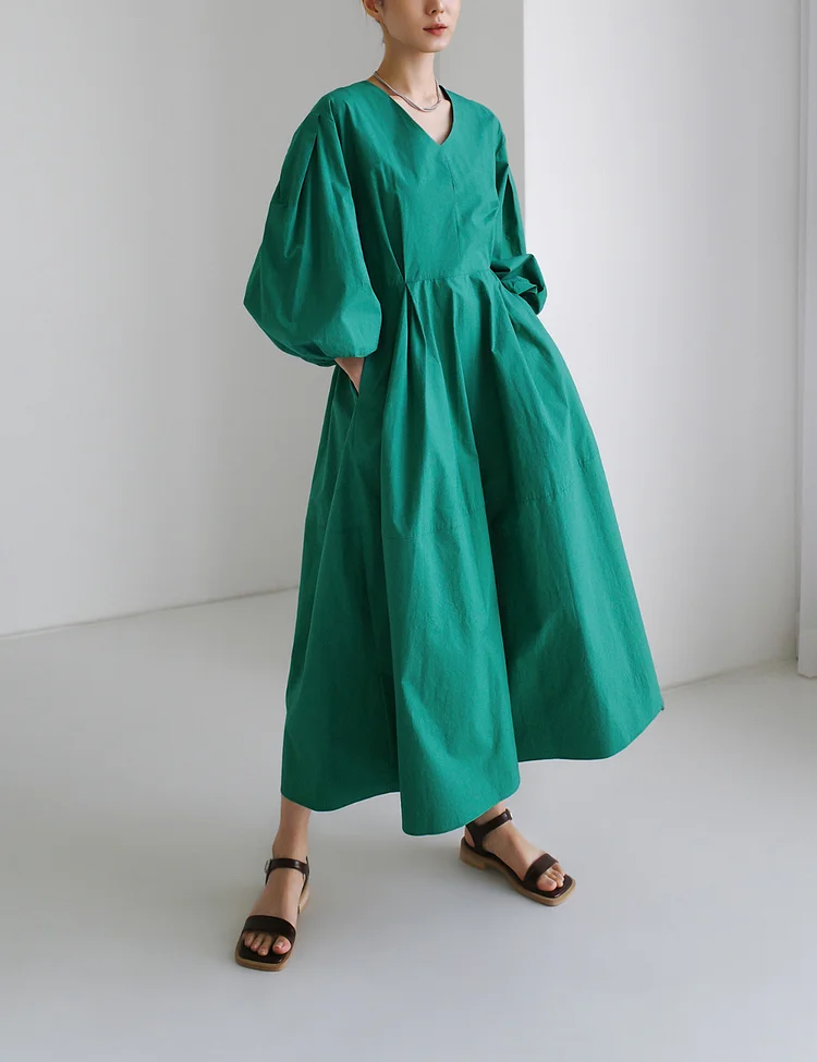 Loose Casual Solid Color Lantern Sleeve Maxi Dress