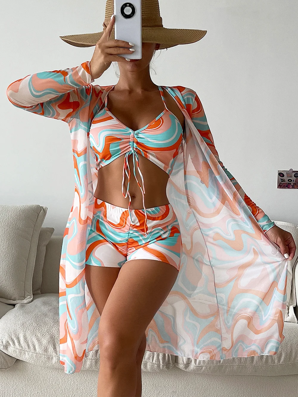 Uveng Uveng New Women's Three-Piece Bikini Mesh Gauze Blouse Gradient Print Lace Fashion Anti-Sai Swimsuit