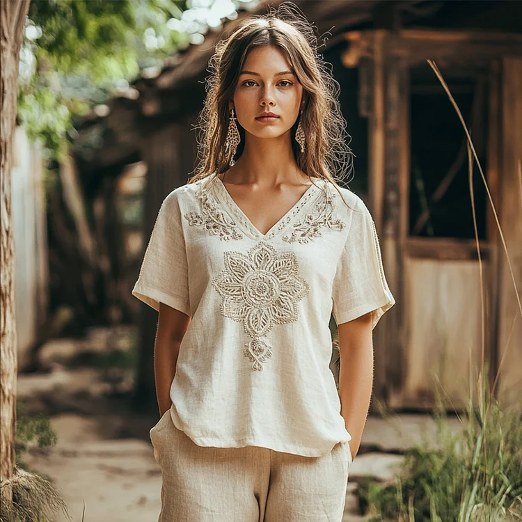 3d Embroidery Flower V-neck Retro Short-sleeved Top