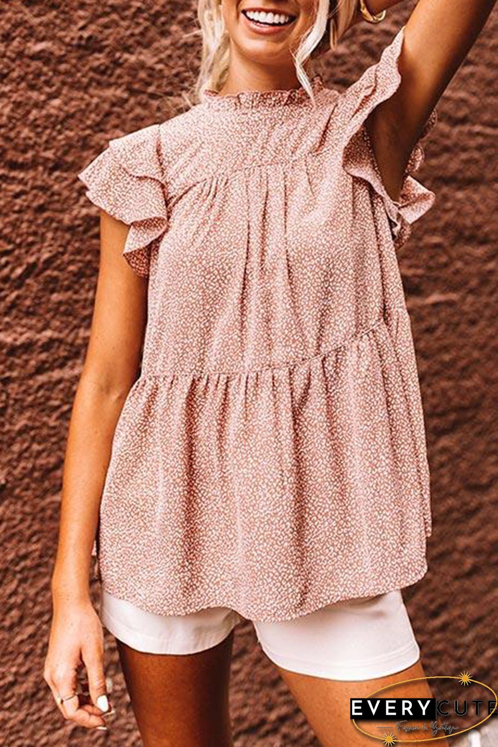 Pink Polka Dot Print Tiered Ruffled Short Sleeve T-shirt