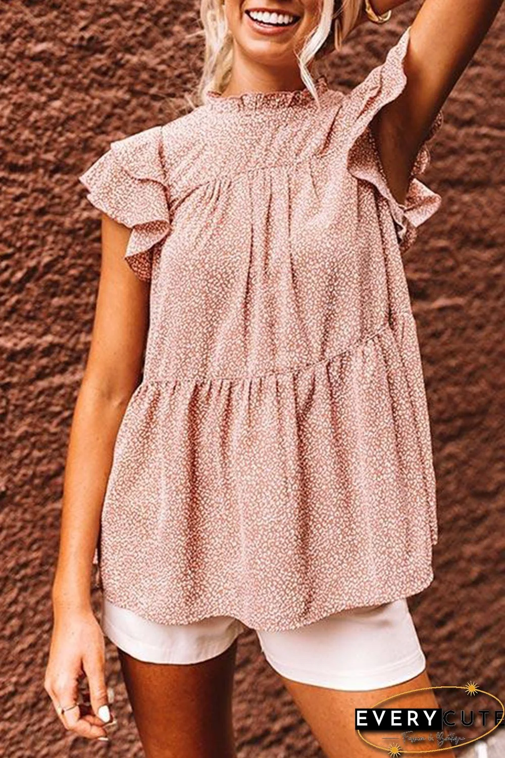 Pink Polka Dot Print Tiered Ruffled Short Sleeve T-shirt