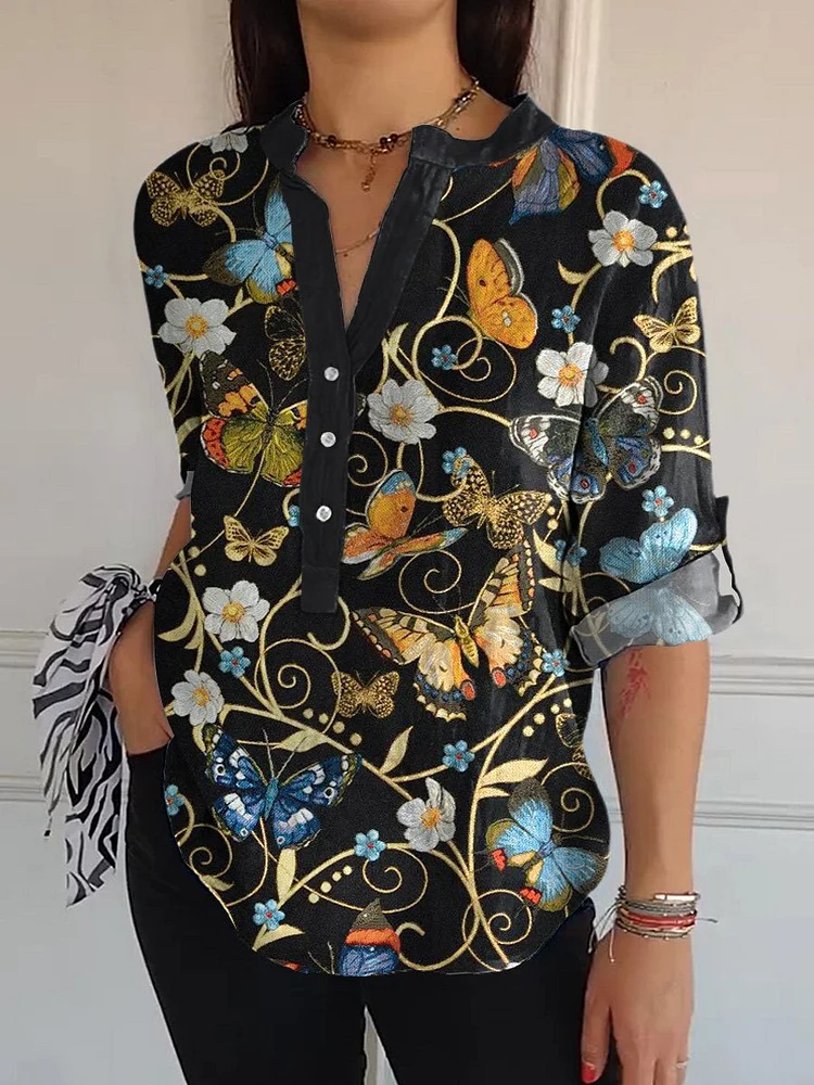 Vintage Butterfly Pattern Printed Women's  Print Casual Long Sleeve Comfortable Cotton Shirt