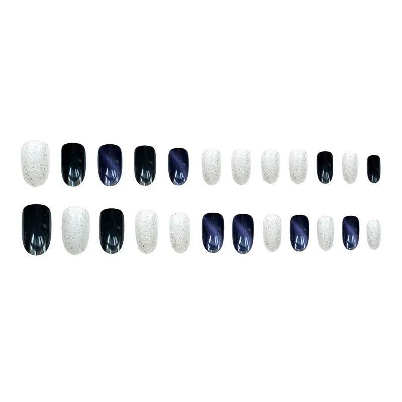 24pcs Short Fake Nail Tips Purple Silver Cat Eye Press On Nail Wearable Nail Sticker Finished False Nail Patch With Glue-Nail Inspo