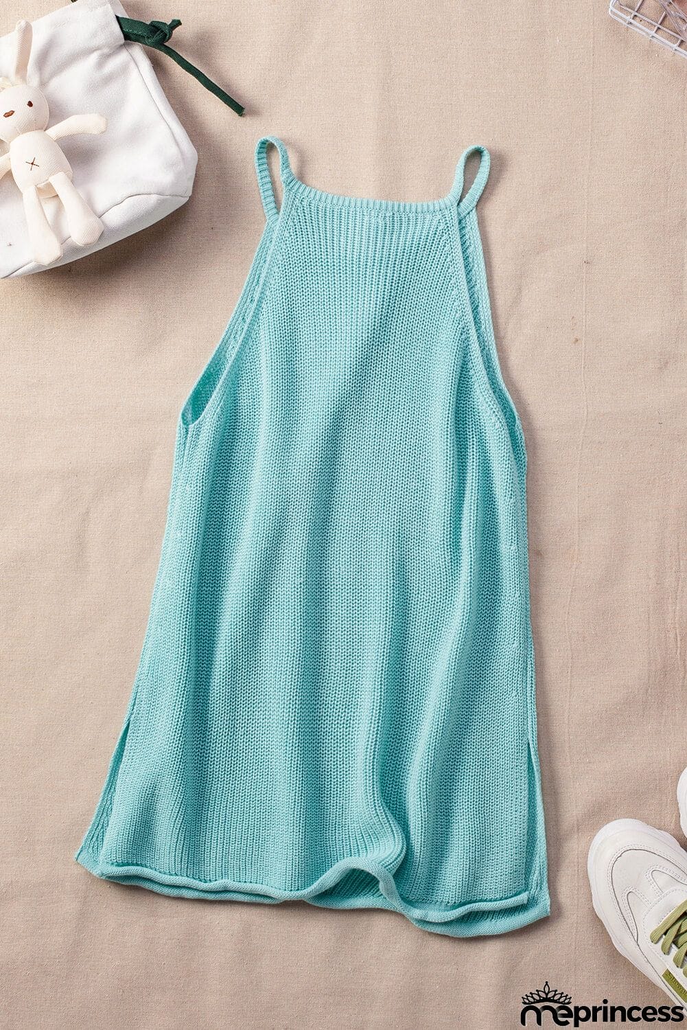 Summer Sky Blue Keyhole Knit Tank Top