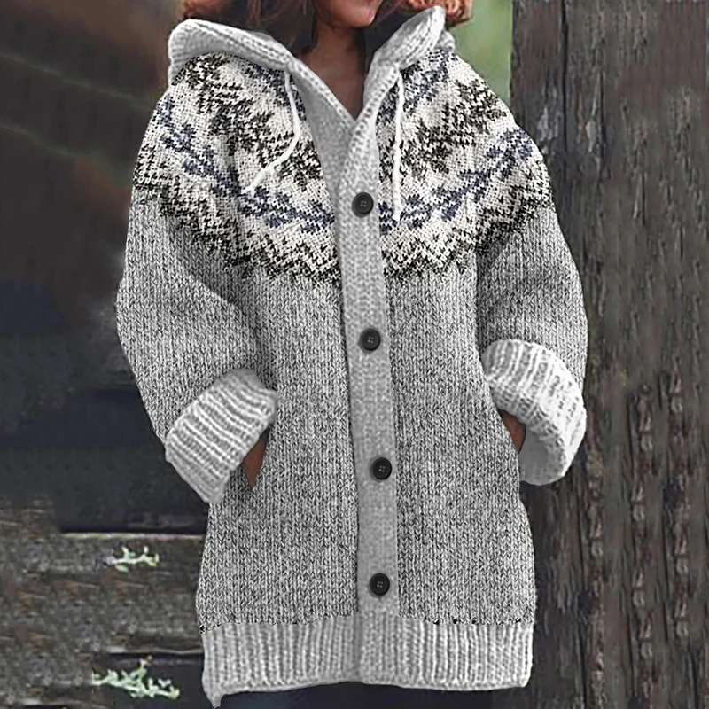 Retro Floral Lines Knitted Button Down Cozy Hoodie Sweater
