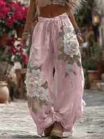 Women's Vintage Romantic White Rose Embroidery Art Comfy Linen Pants - Image 2