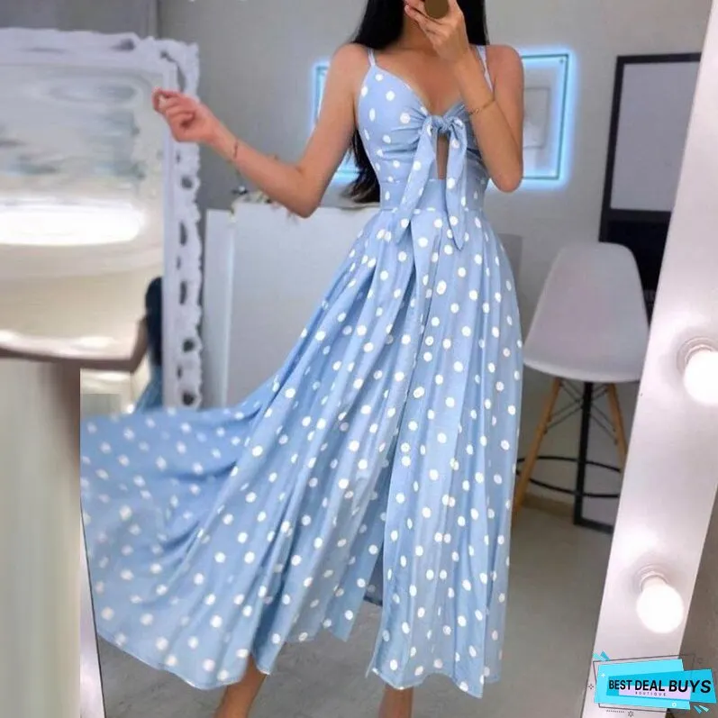 Elegant Backless Sling Boho Beach Party Dress Women Sexy V-Neck Hollow Out BowKnot Long Dress Summer Spring Polka Dot Maxi Dress
