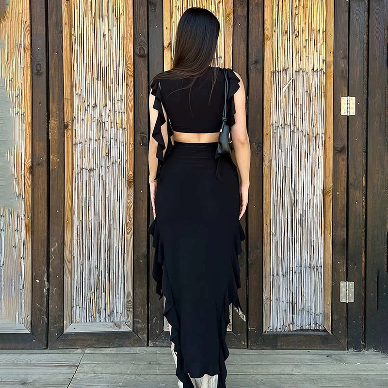 Ootddress Ruffled Tassel Patchwork 2 Piece-Set For Women High Waist Long Skirt And Crop top Outfits Solid Summer Maxi Skirt Sets