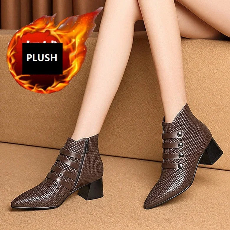 Soft Leather Short Boots Woman Mid Heels Ankle Boot Women Winter Plush Shoes 2020 Square heel Pointed toe Female Footware Black