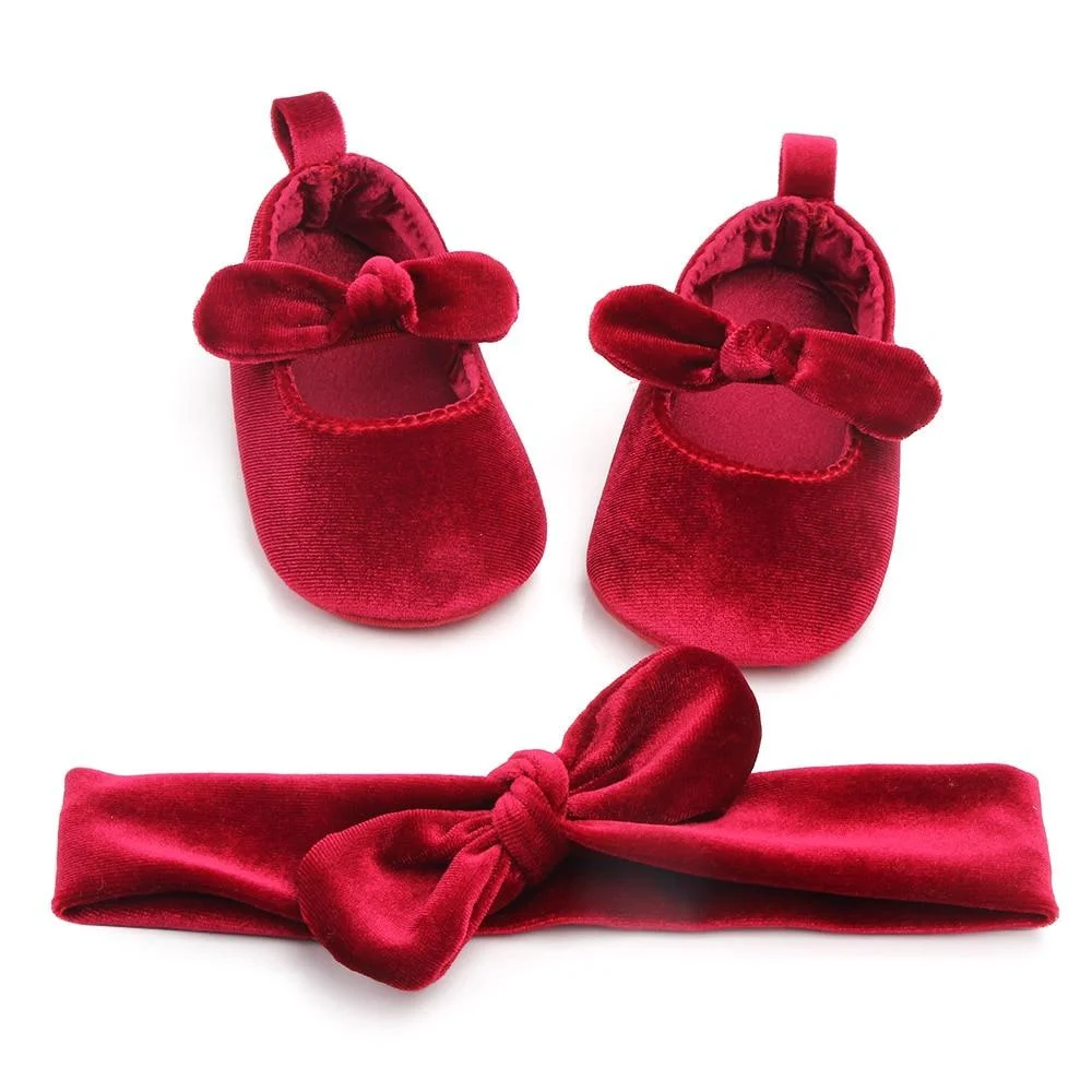 Newborn Baby Boy Girl Velvet Bowknot First Walkers Casual Shoes Soft With Hairband Infant Solid Anti Slip Princess Shoes