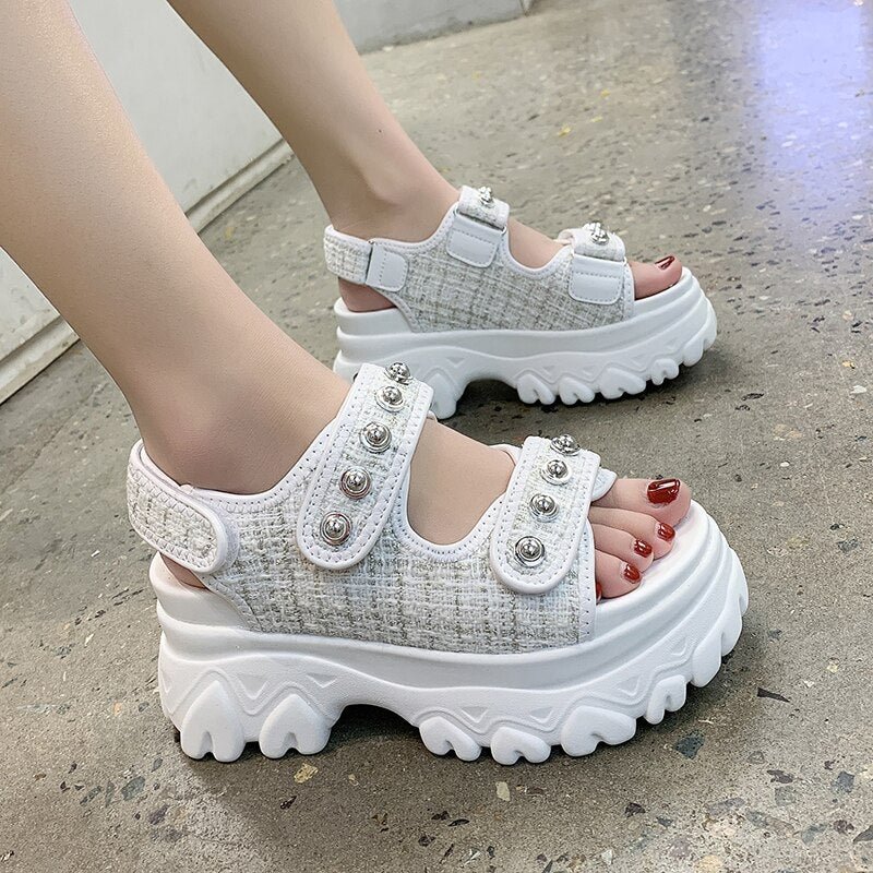 Aphixta 2021 Platfom Sandals Women Rivets New Buckle Height Increaming Canvas Hook & Loop Thick Bottom Slides