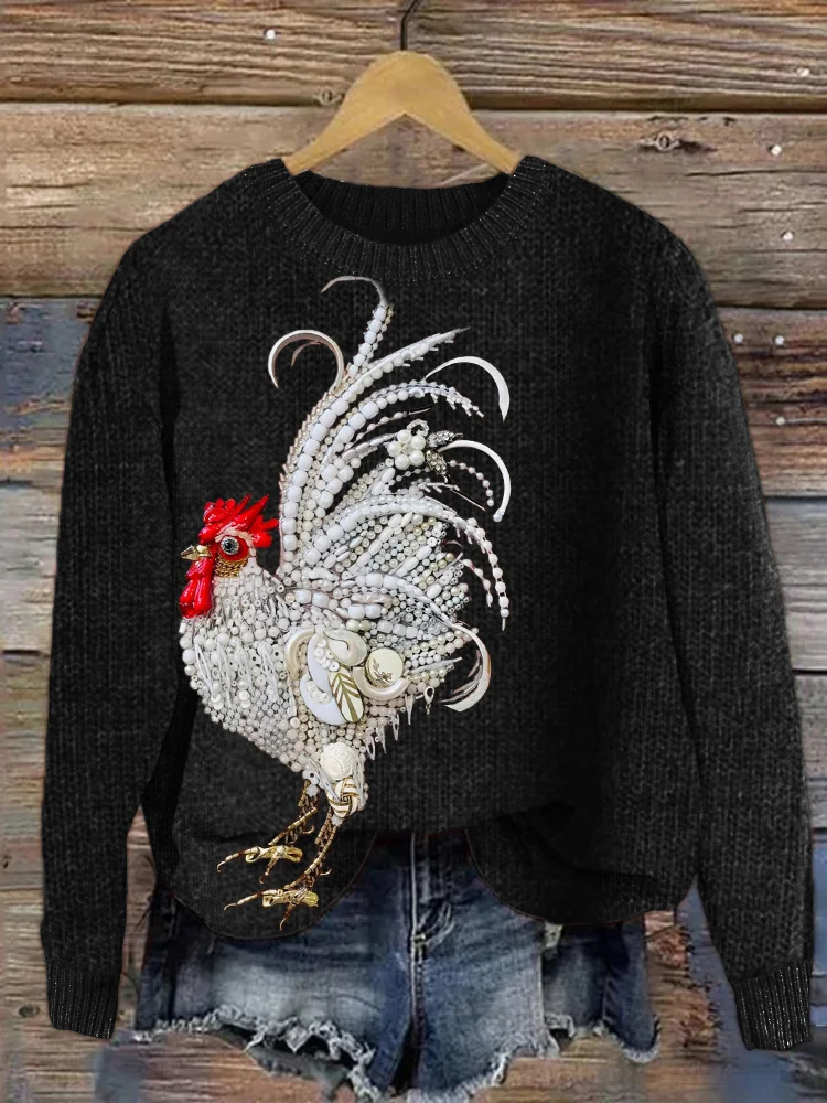 VChics Elegant Rooster Jewelry Art Cozy Knit Sweater