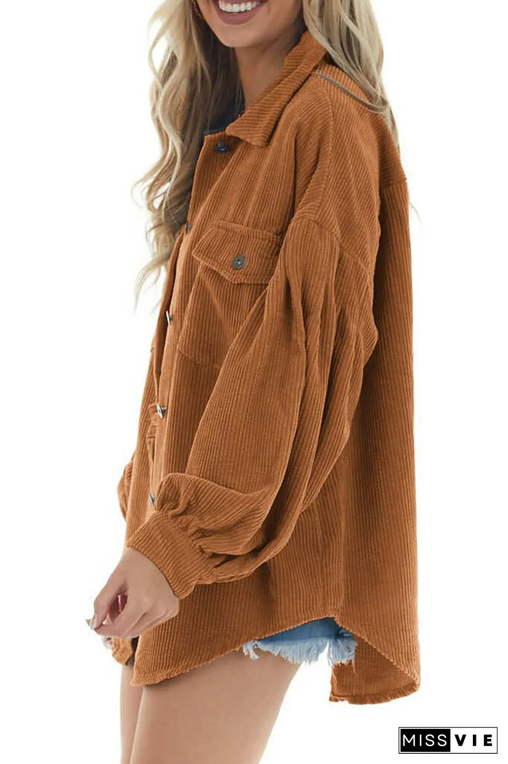Lantern Sleeve Button Pockets Corduroy Shirt