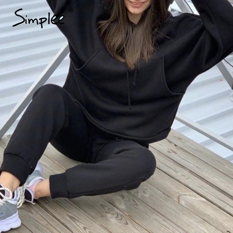 Simplee Fashion oversized hoodie set women Thick fleece sport suit hooded sweatshirt Autumn winter women's two piece set 2020