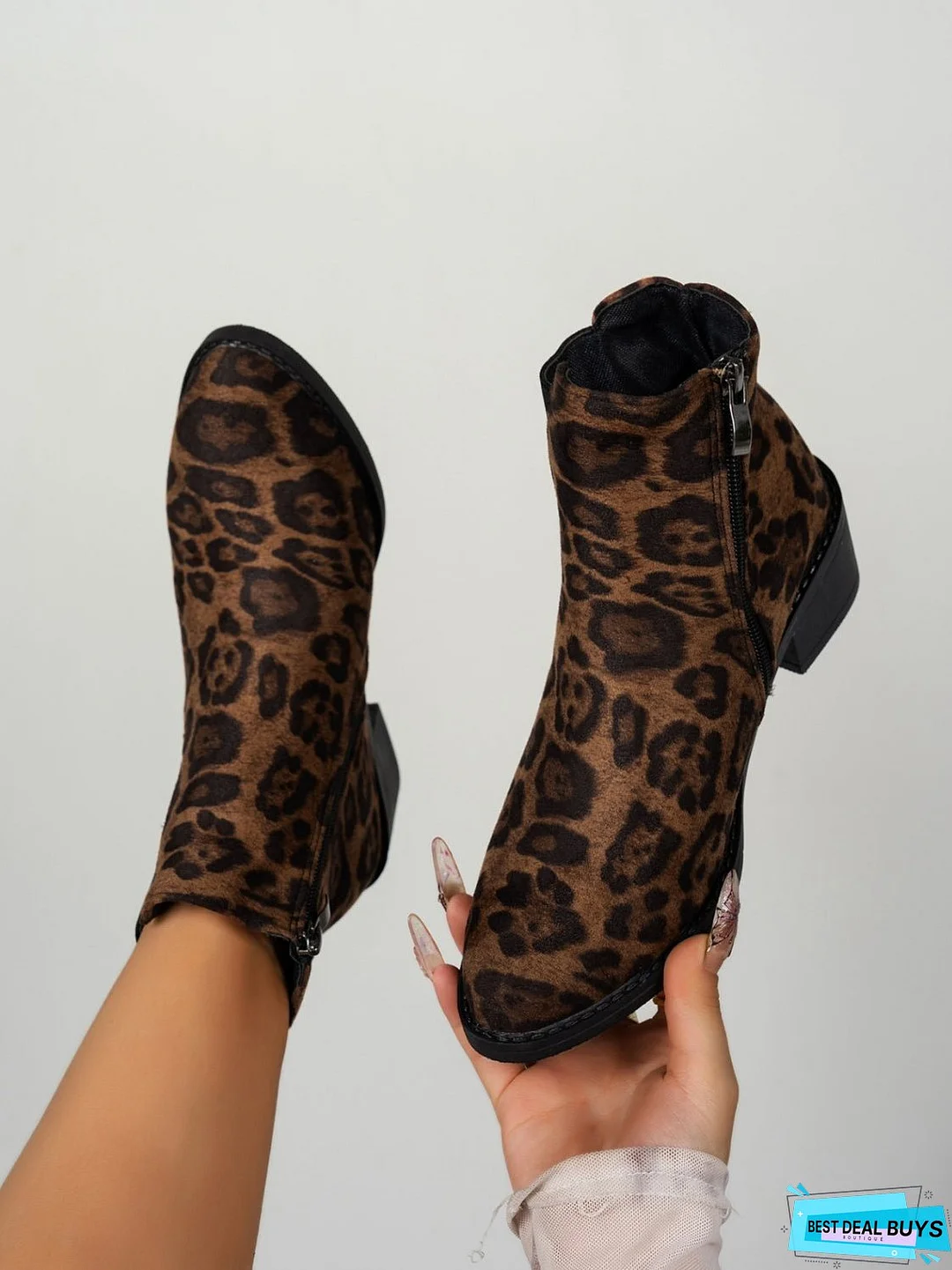 Leopard Point Toe Block Heel Boots