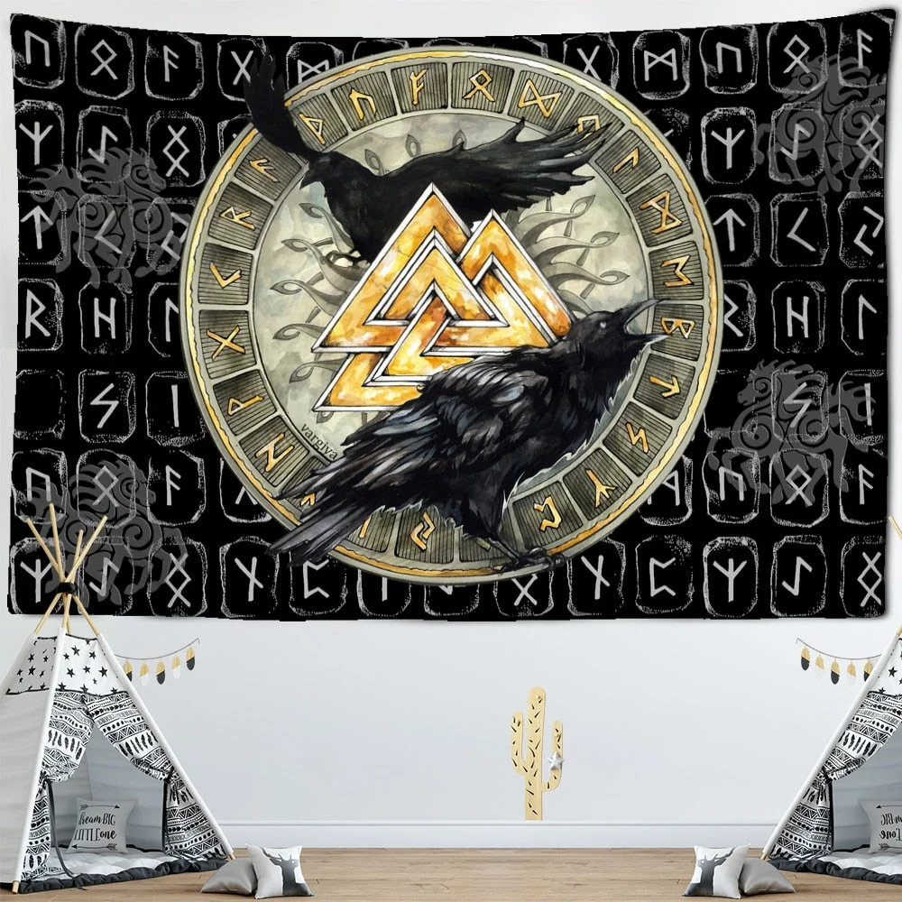 Vikings Tapestry wall Raven Mysterious Meditation Psychedelic Runes Art Wall Hanging Tapestries for Living Room Tarot Sun Moon
