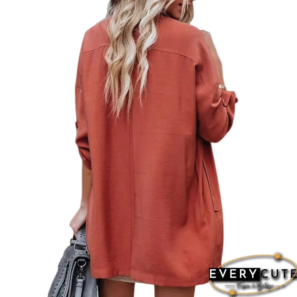 Rust Red Turndown Collar Lightweight Pocket Trench Coat