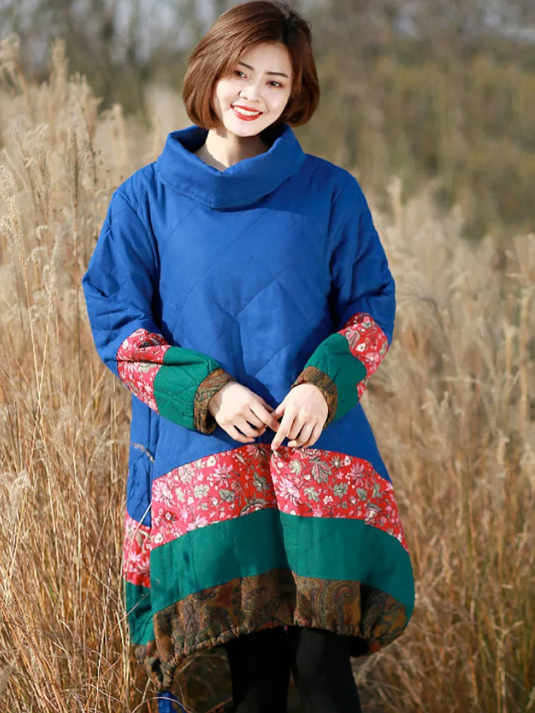 Women Winter Ethnic Patchwork Pocket Pullover Loose Coat