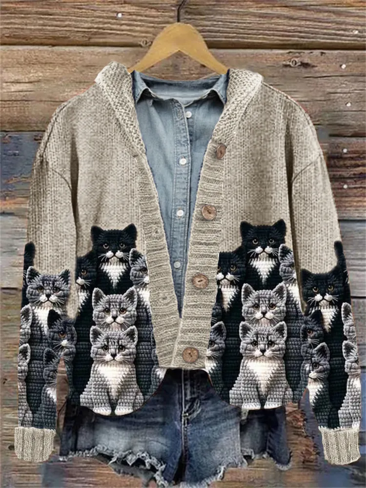Crowded Cats Crochet Art Cozy Knit Hooded Cardigan