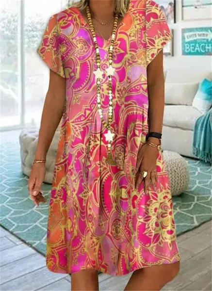 Summer New Fashion Womens Vintage Printed V-Neck Short Sleeve Casual Dress Loose Soft