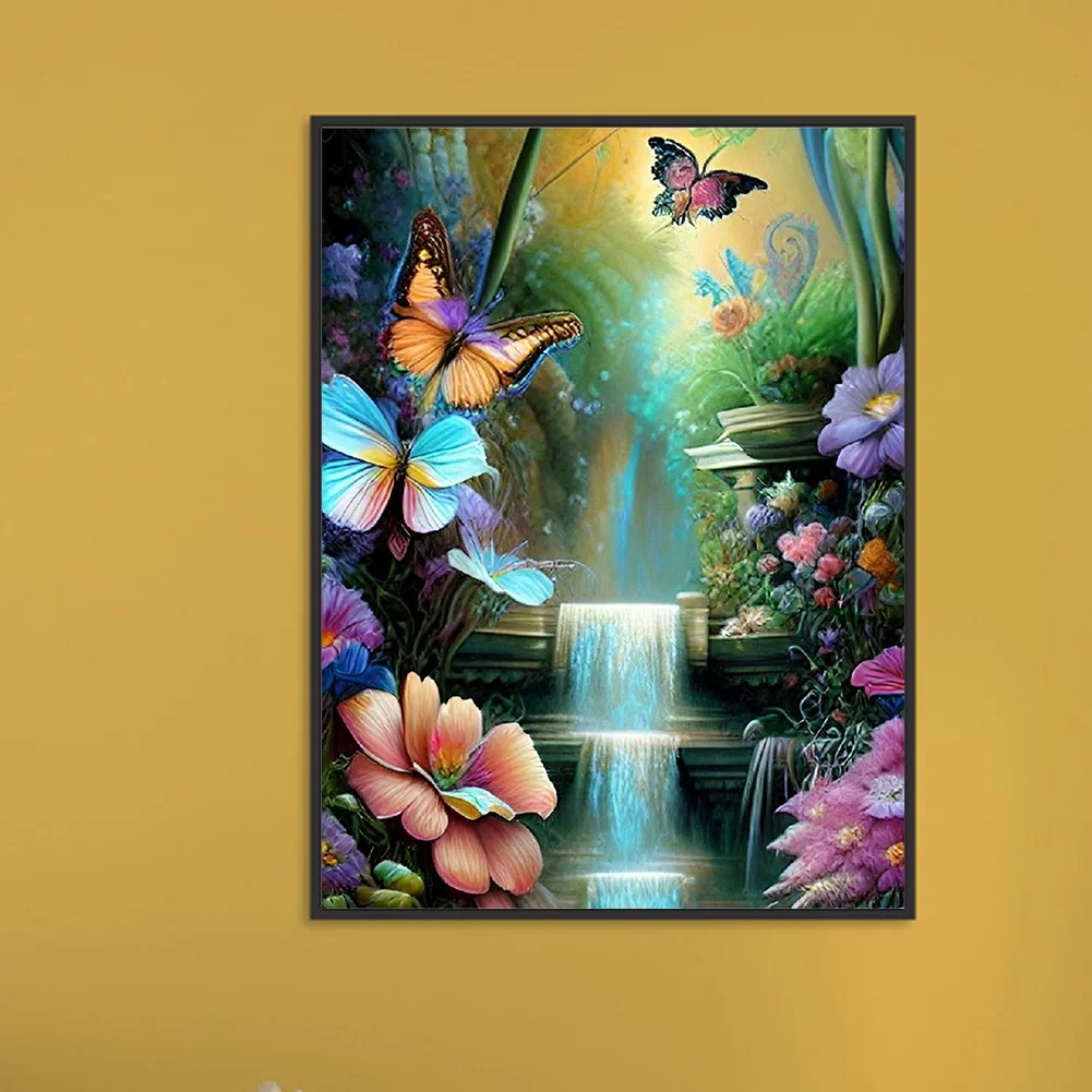 Diamond Painting - Full Round Drill - Flower Butterfly Waterfall(30*40cm)