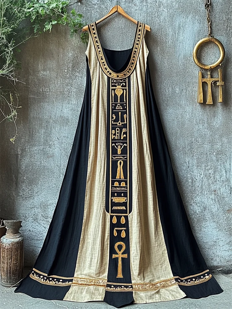 Ankh Ancient Egyptian Embroidered Contrast Linen Maxi Dress