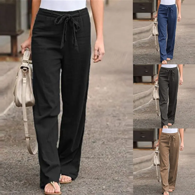 Women's High Waist Lace Up Casual Wide Leg Pants