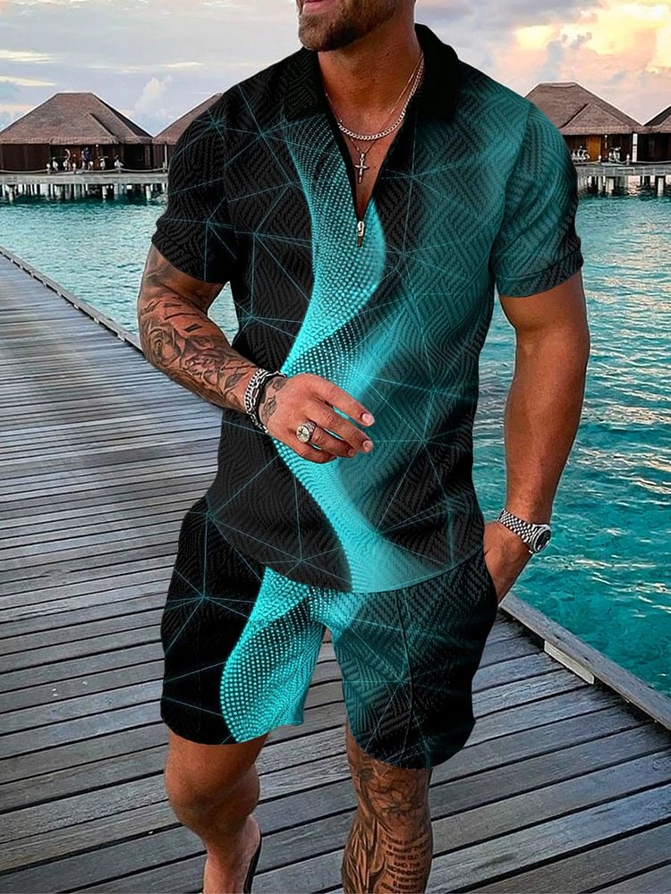 Men's Vacation Aurora Geometric Line Polo Suit
