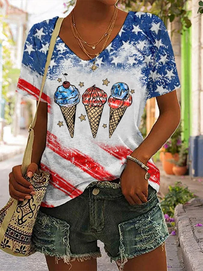 Women's Independence Day American Flag Ice Cream Print V-Neck T-Shirt