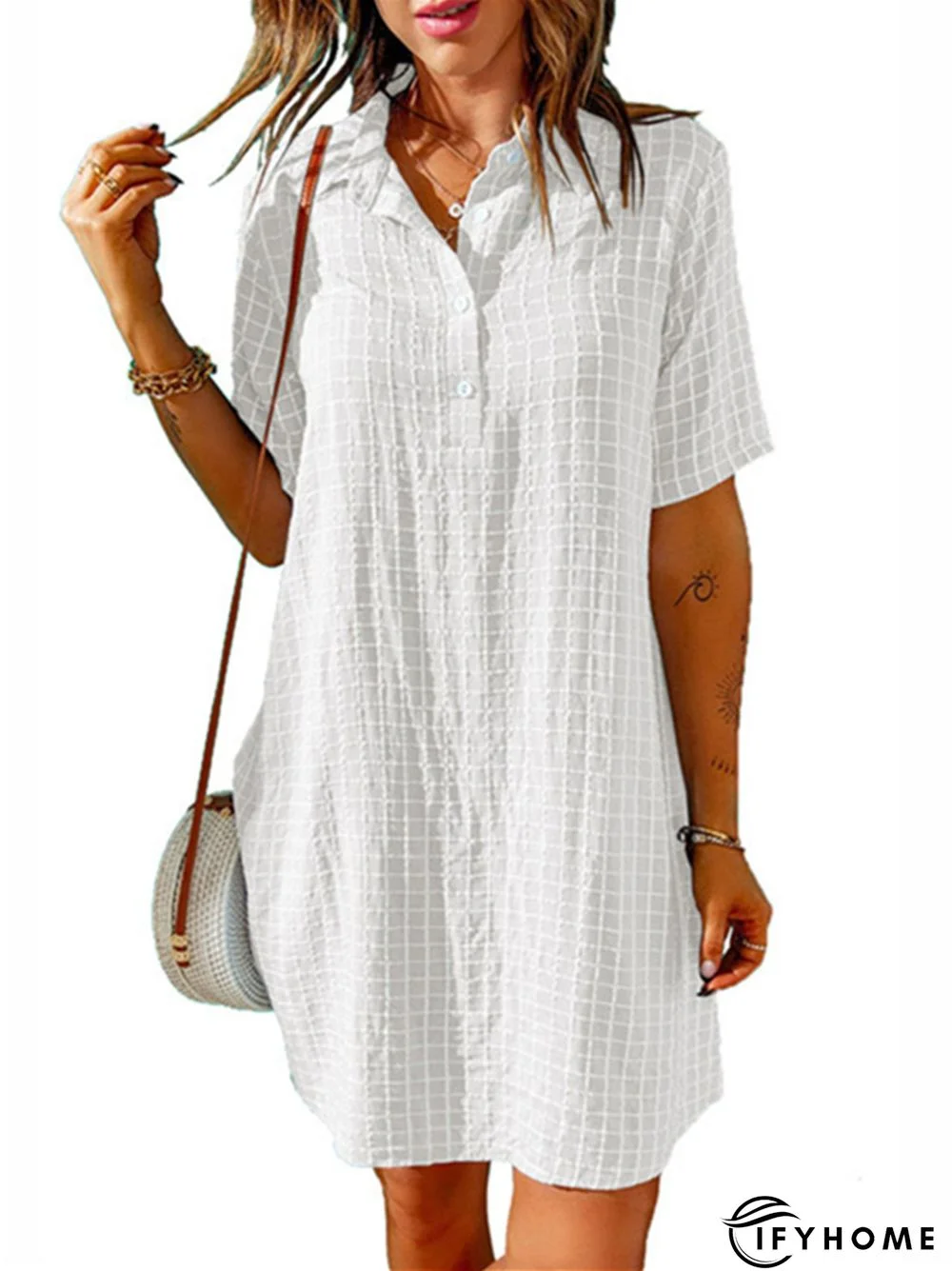 Women's Casual Shirt Short Skirt Lapel Plaid Loose Short Sleeve Dress White Dress | IFYHOME