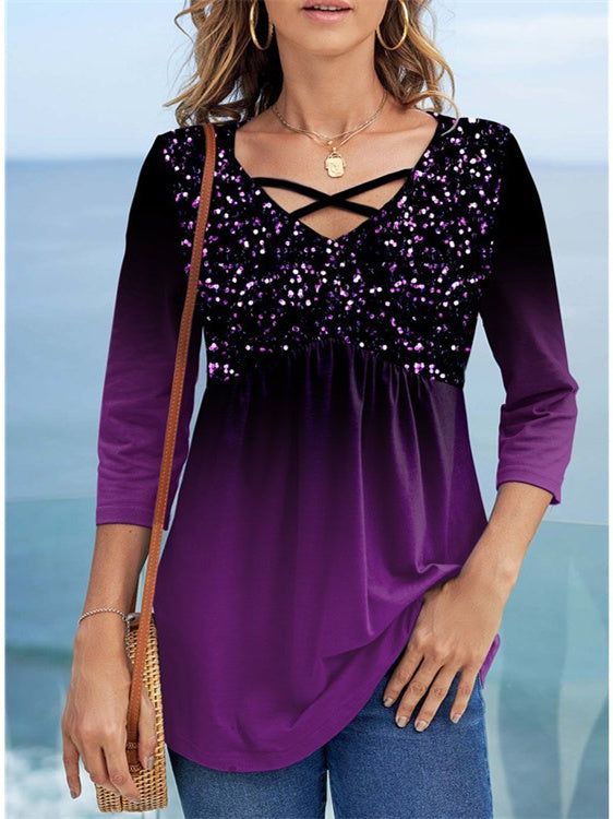 Women Long Sleeve V-neck Graphic Floral Printed Top