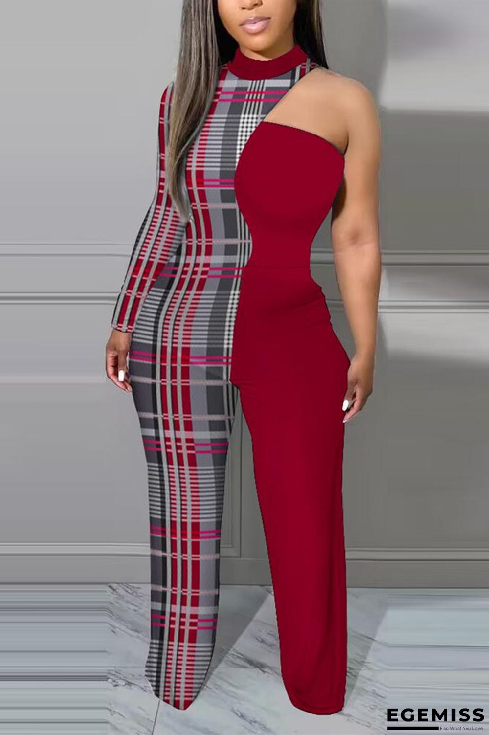 Burgundy Sexy Plaid Print Patchwork Printing O Neck Regular Jumpsuits | EGEMISS