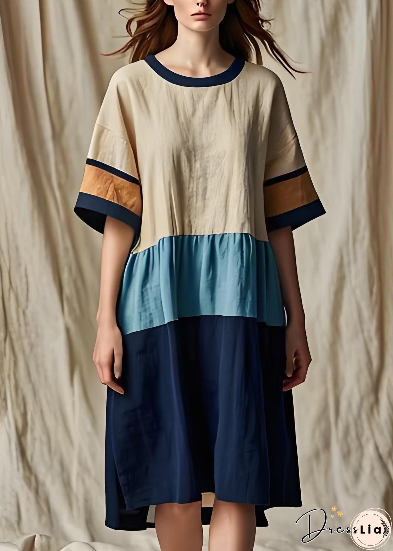 Women Colorblock O Neck Patchwork Cotton Dresses Summer