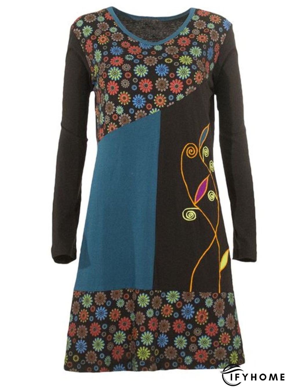 Crew Neck Floral-Print Long Sleeve Casual Knitting Tunic Dress | IFYHOME