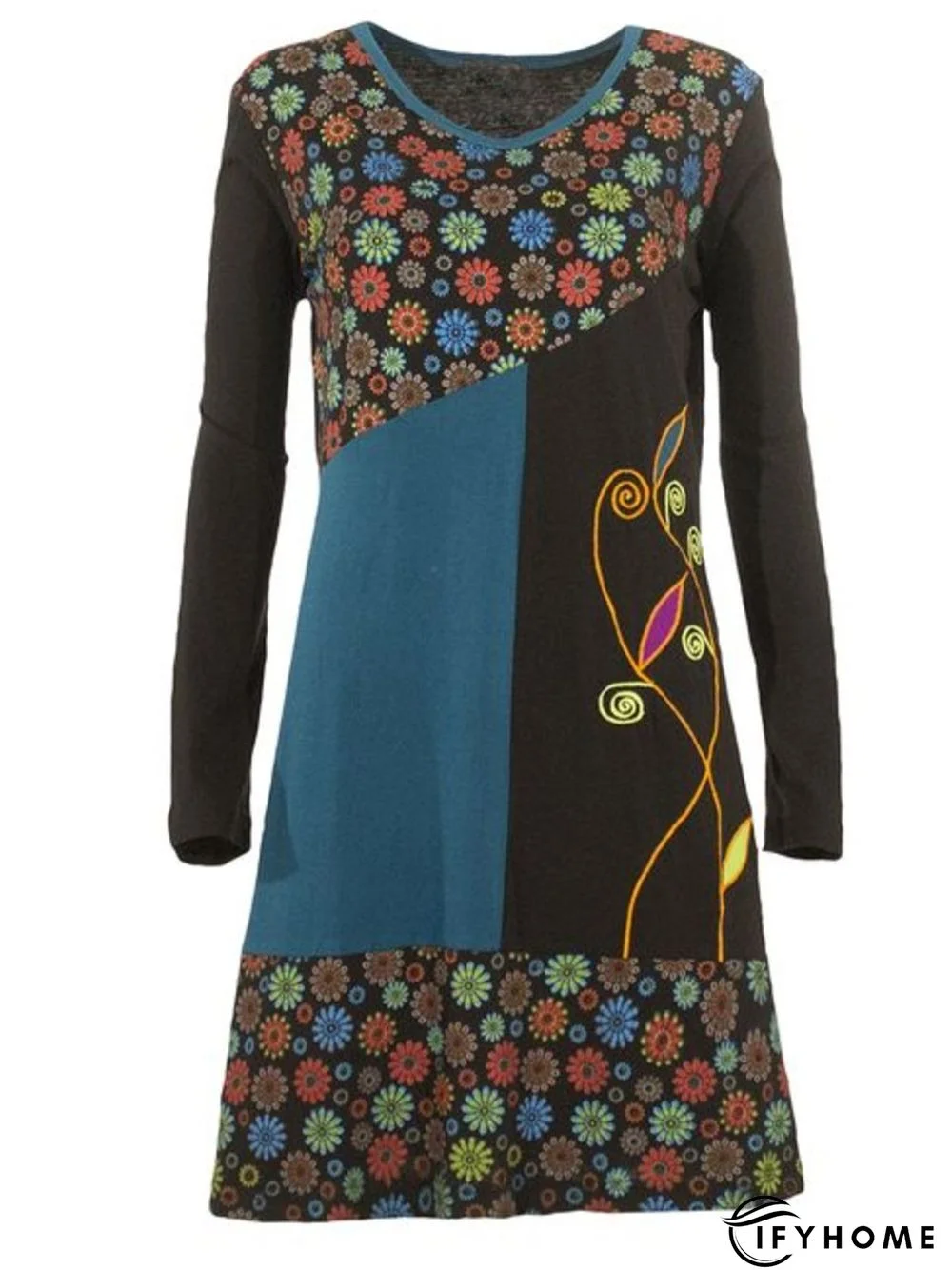 Crew Neck Floral-Print Long Sleeve Casual Knitting Tunic Dress | IFYHOME