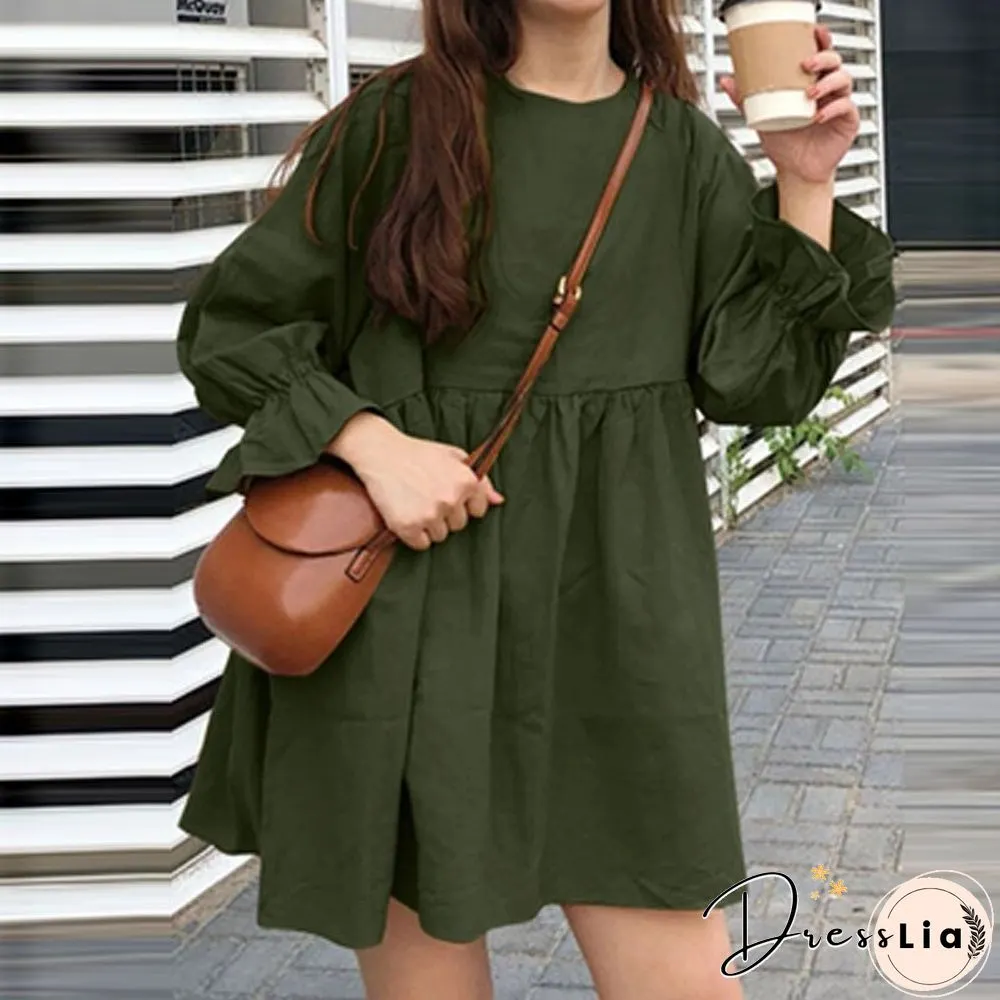 Womens Fashion Small Fresh Long Sleeve Neck Dress Early Autumn Dot Print Mini Ladies